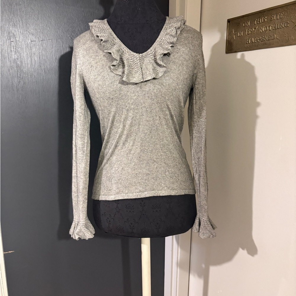 Lauren Ralph Lauren Gray V-Neck Sweater with Ruffle Trim